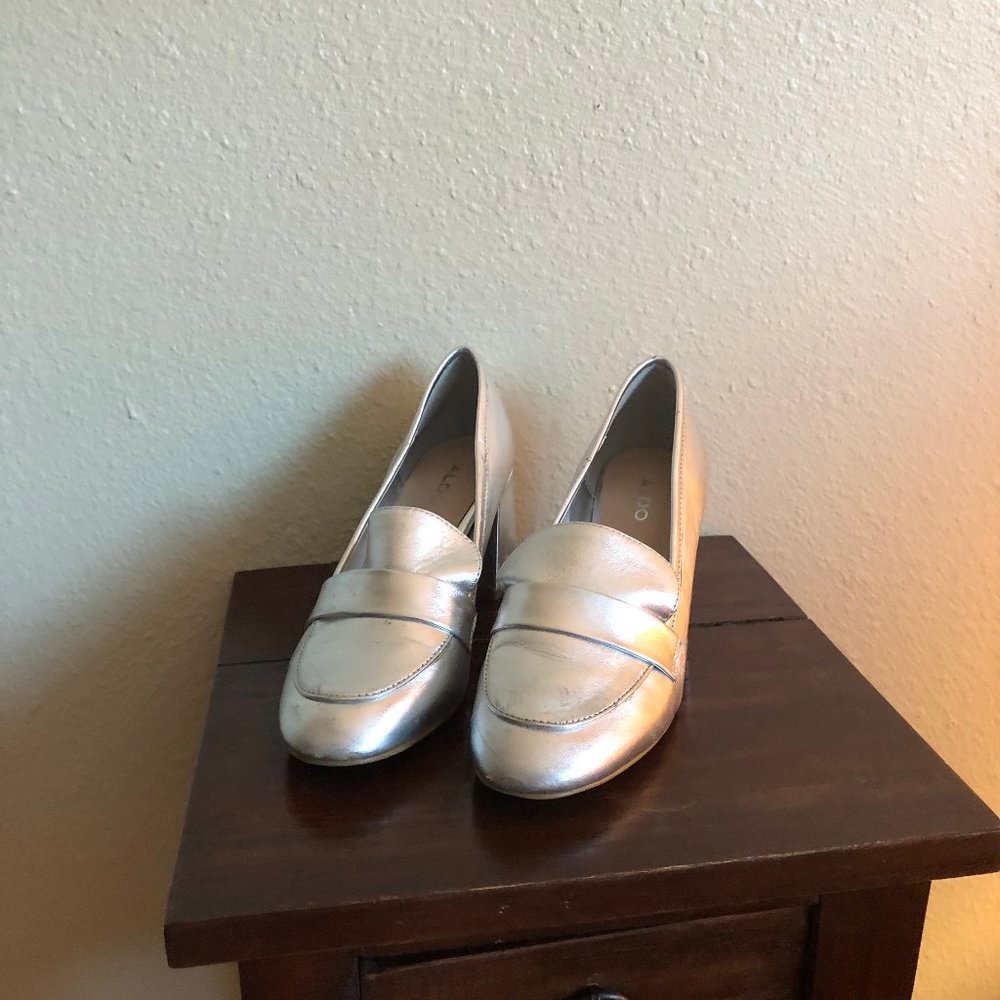 Aldo Silver Penny Loafer Heels